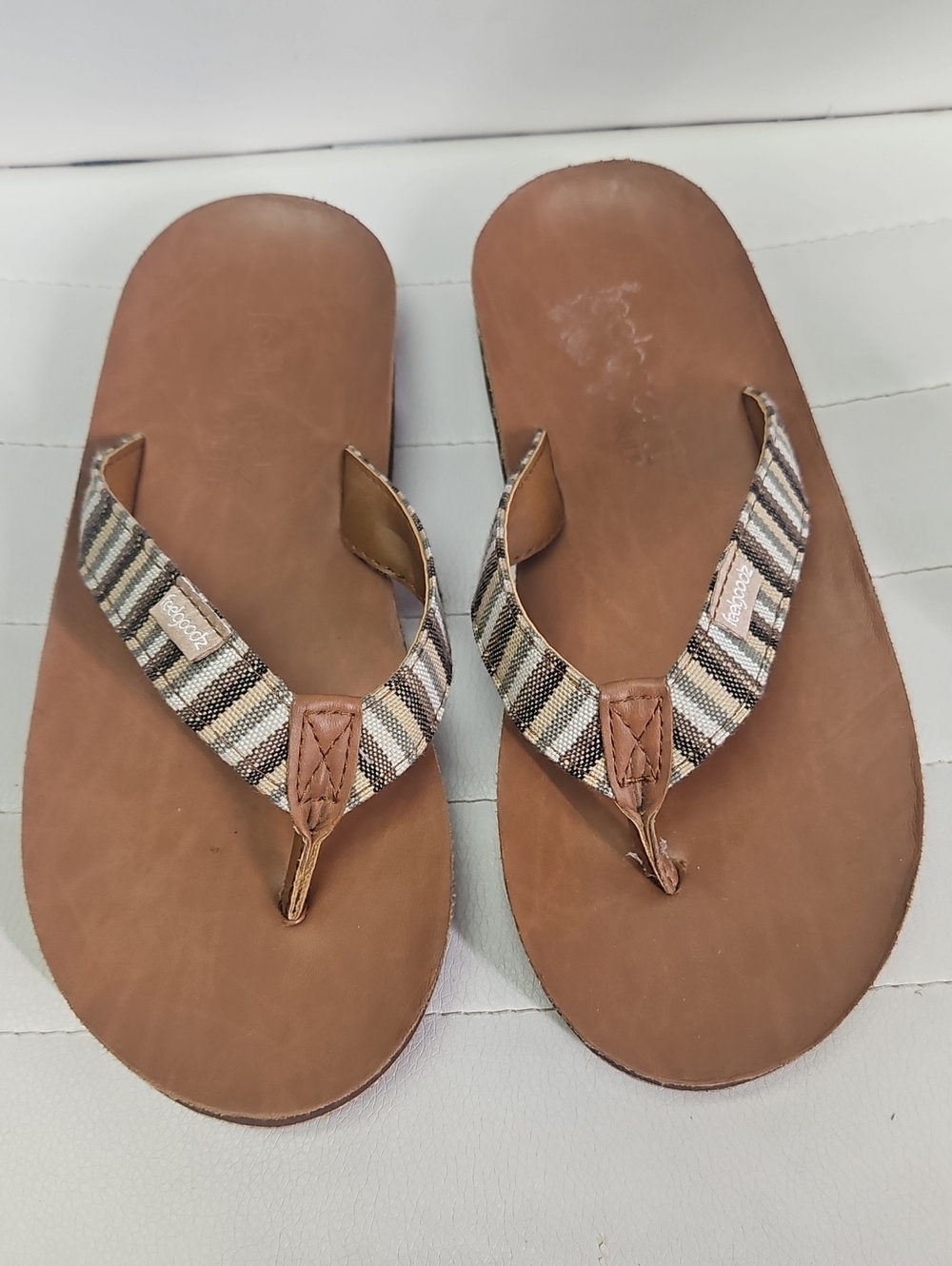 Feelgoodz Leather Striped Fabric-Strap Thong FLIP Flops Sz 7